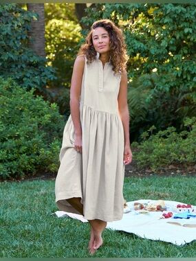 Frank and Eileen Daphne Sleeveless Popover Dress - Sand/Washed Linen - Large